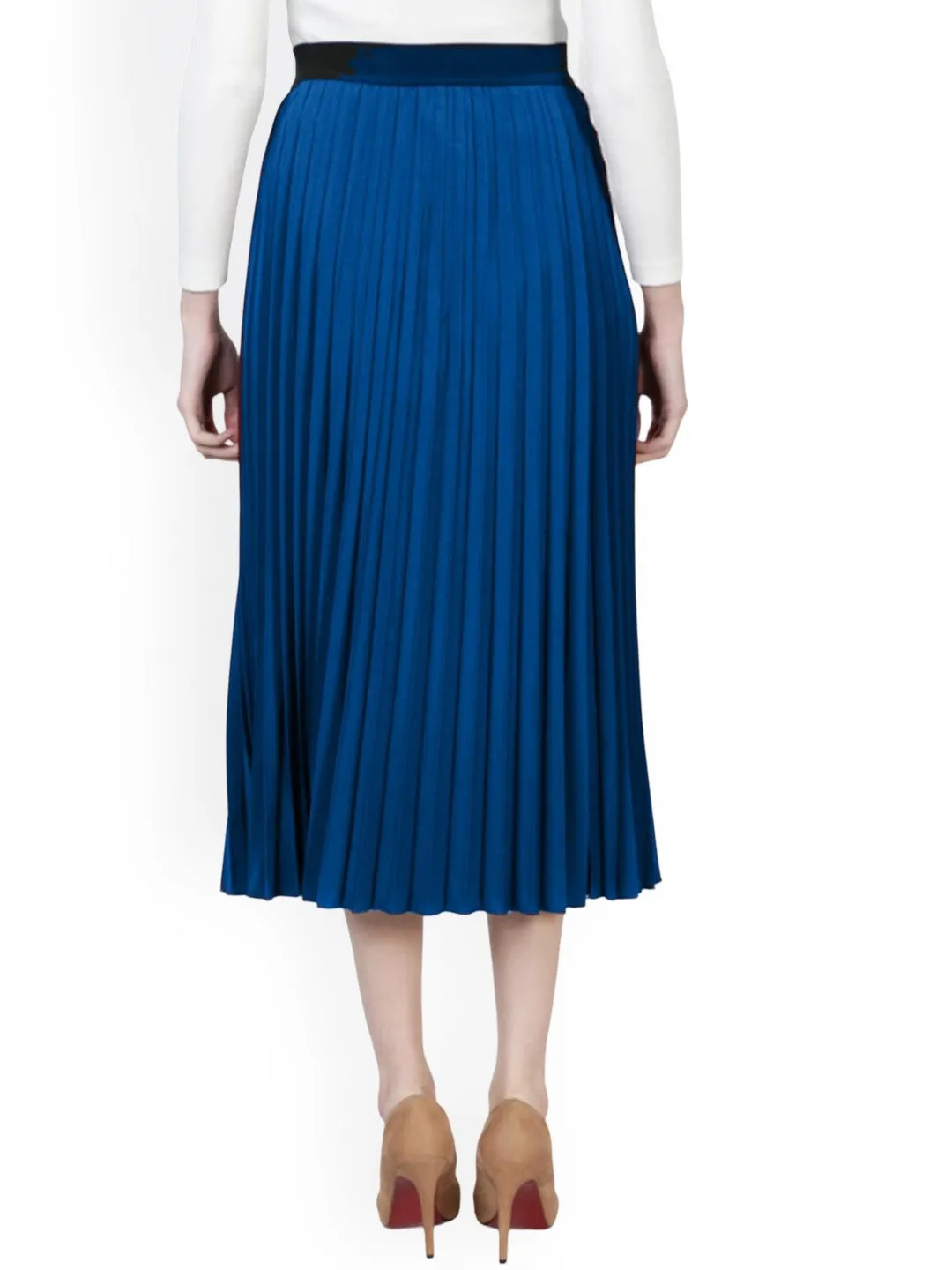 Blue Solid Flared Midi Skirt
