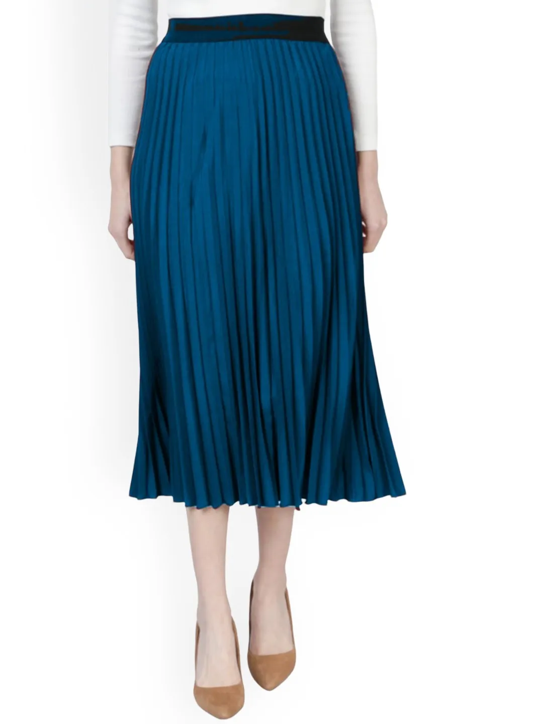 Blue Solid Flared Midi Skirt