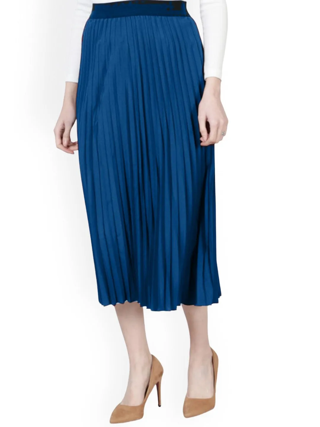 Blue Solid Flared Midi Skirt