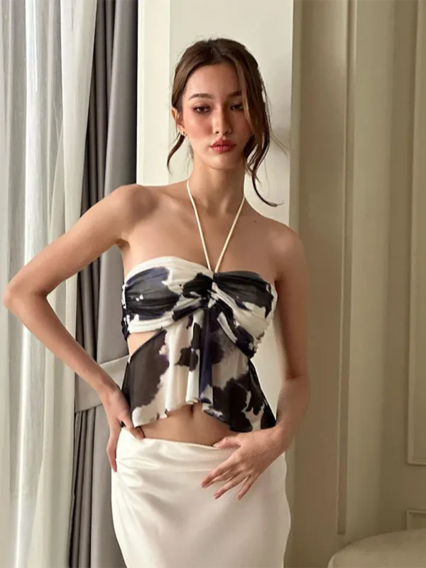 Blue Zone Planet |  Everly's Botanical Print Pleated Halter Neck Tube Top