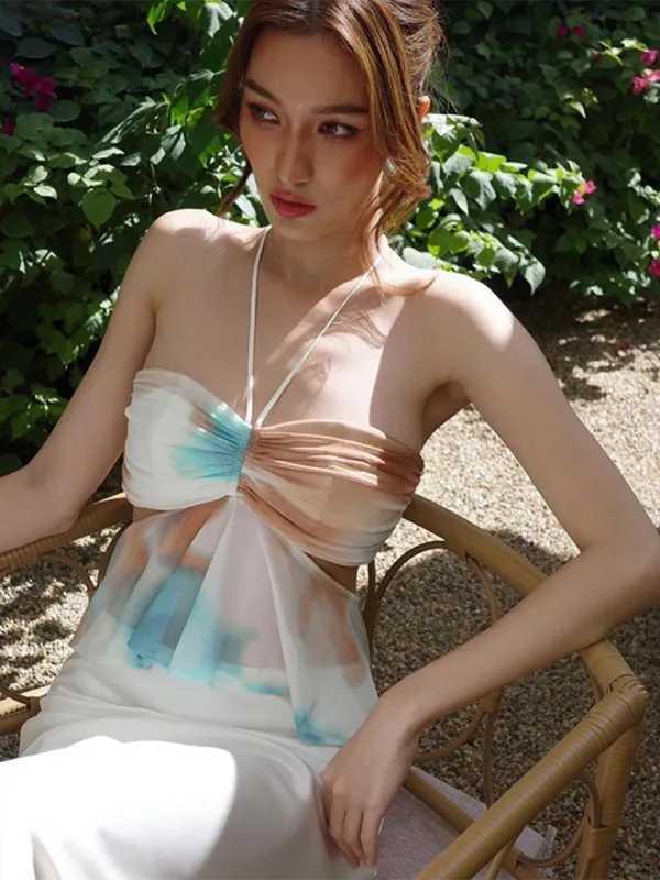 Blue Zone Planet |  Everly's Botanical Print Pleated Halter Neck Tube Top