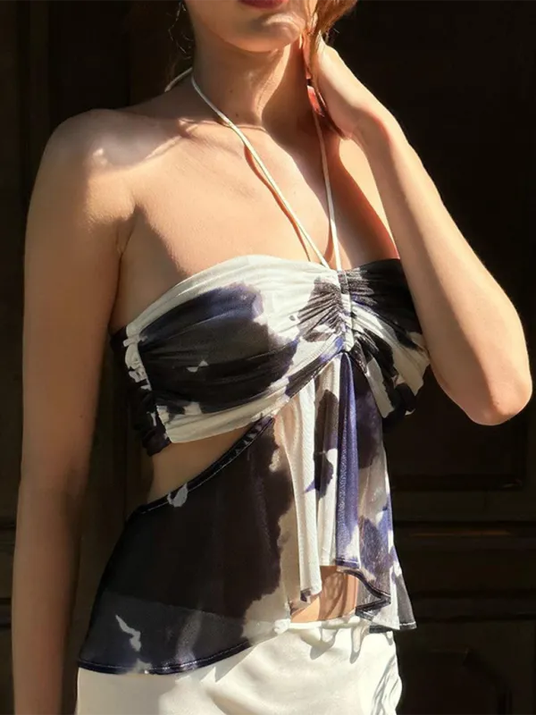 Blue Zone Planet |  Everly's Botanical Print Pleated Halter Neck Tube Top