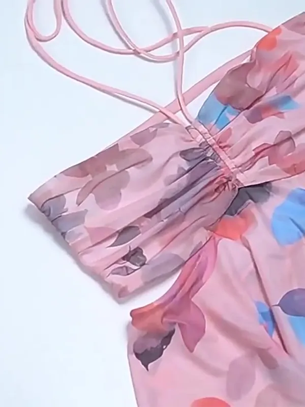 Blue Zone Planet |  Everly's Botanical Print Pleated Halter Neck Tube Top