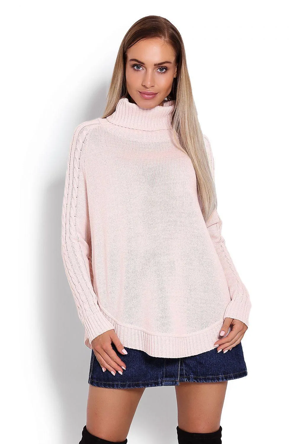 Chic Braided Sleeve Turtleneck Poncho