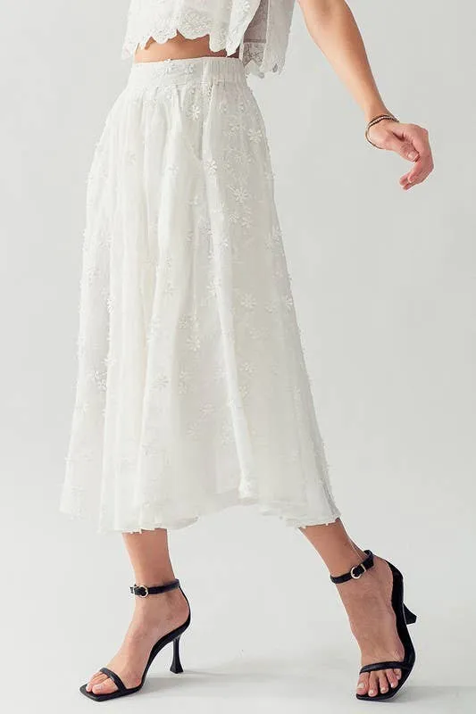 DAISY FLOWER EMBROIDERY MIDI SKIRT