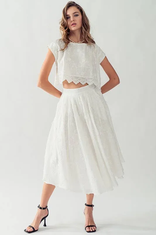 DAISY FLOWER EMBROIDERY MIDI SKIRT