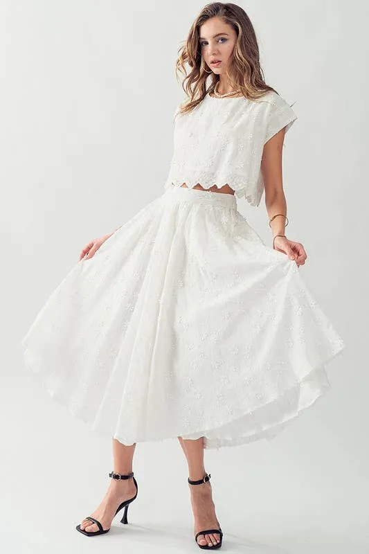 DAISY FLOWER EMBROIDERY MIDI SKIRT