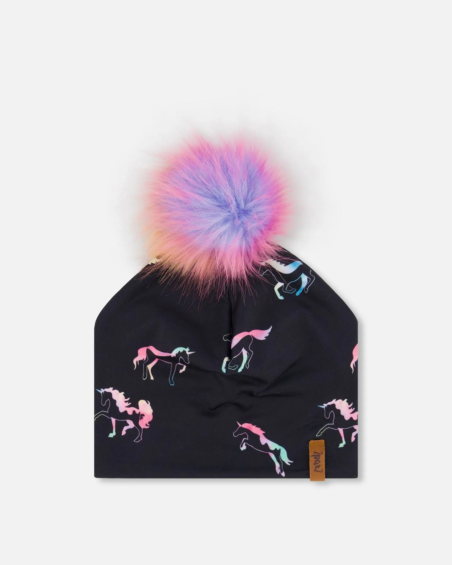Detachable Pompom Hat Black Printed Multicolor Unicorns