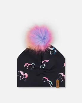 Detachable Pompom Hat Black Printed Multicolor Unicorns