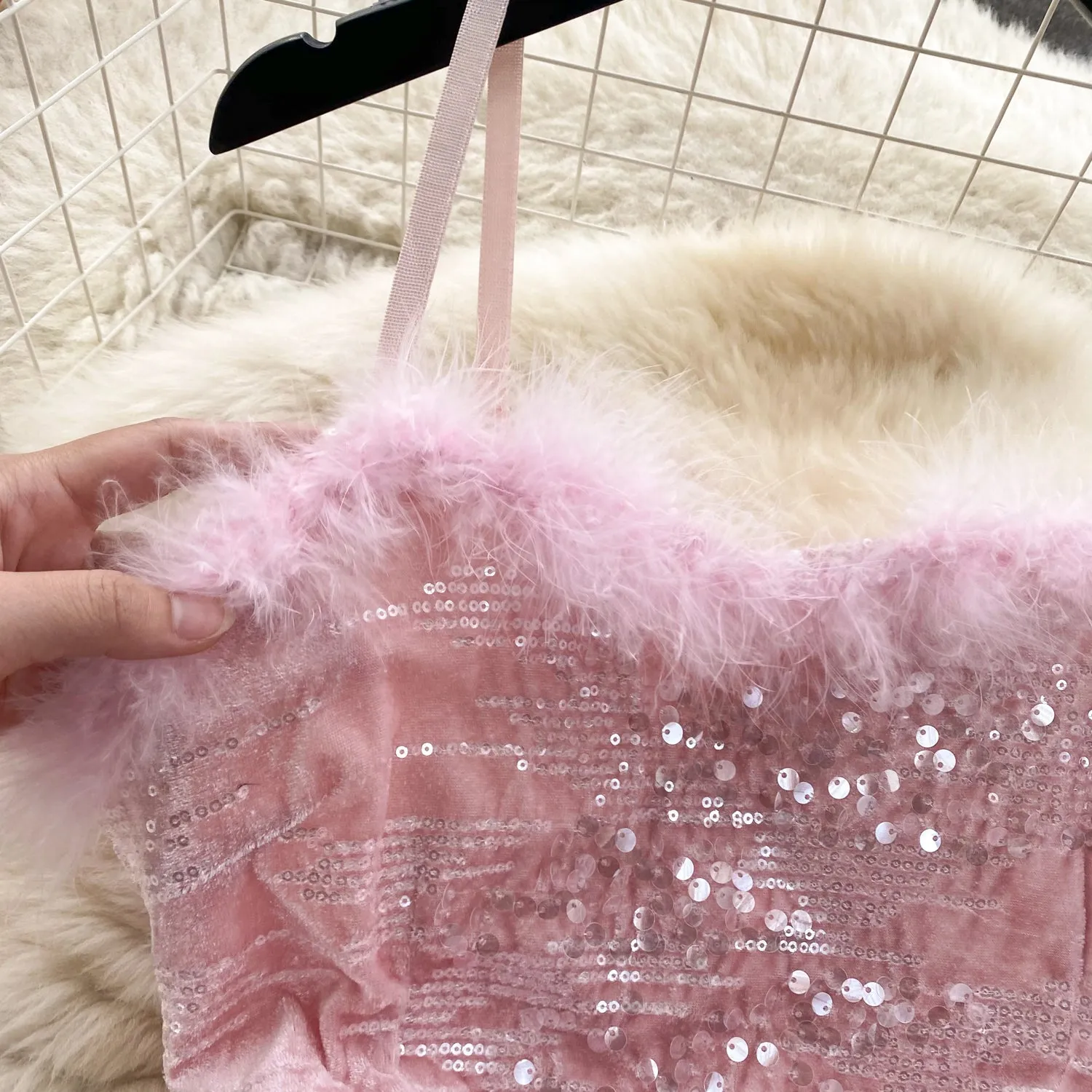 Furry Neckline Sequined Slip Dress
