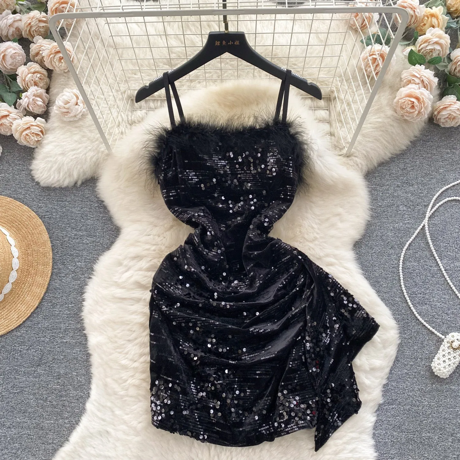 Furry Neckline Sequined Slip Dress