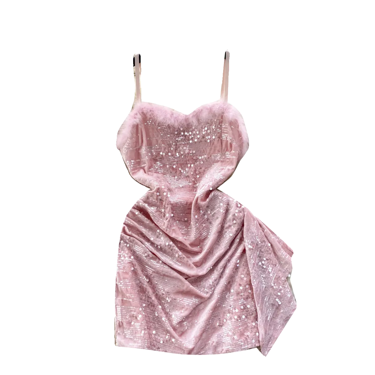 Furry Neckline Sequined Slip Dress