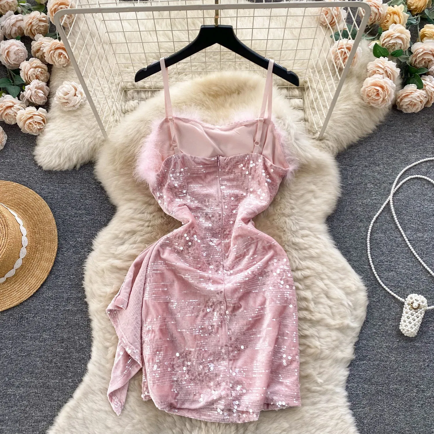 Furry Neckline Sequined Slip Dress