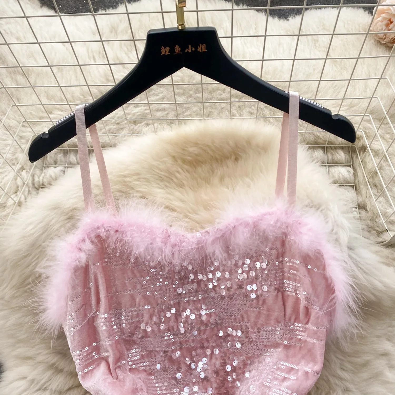 Furry Neckline Sequined Slip Dress