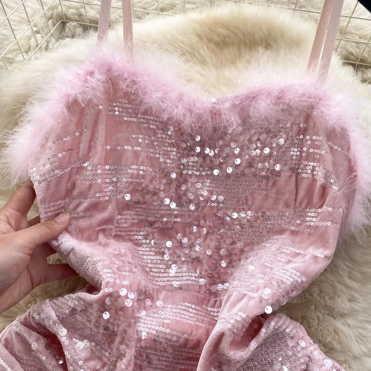 Furry Neckline Sequined Slip Dress