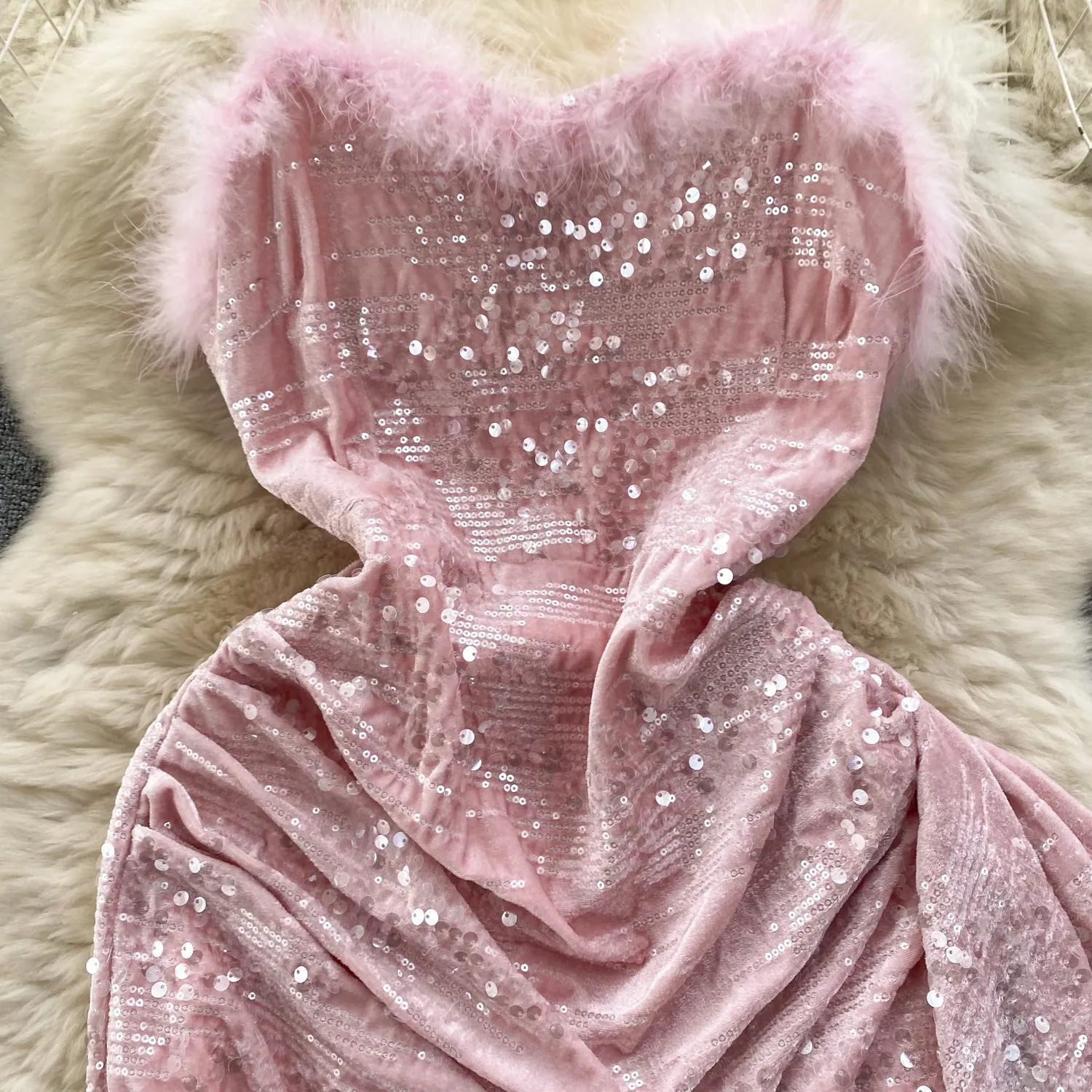 Furry Neckline Sequined Slip Dress