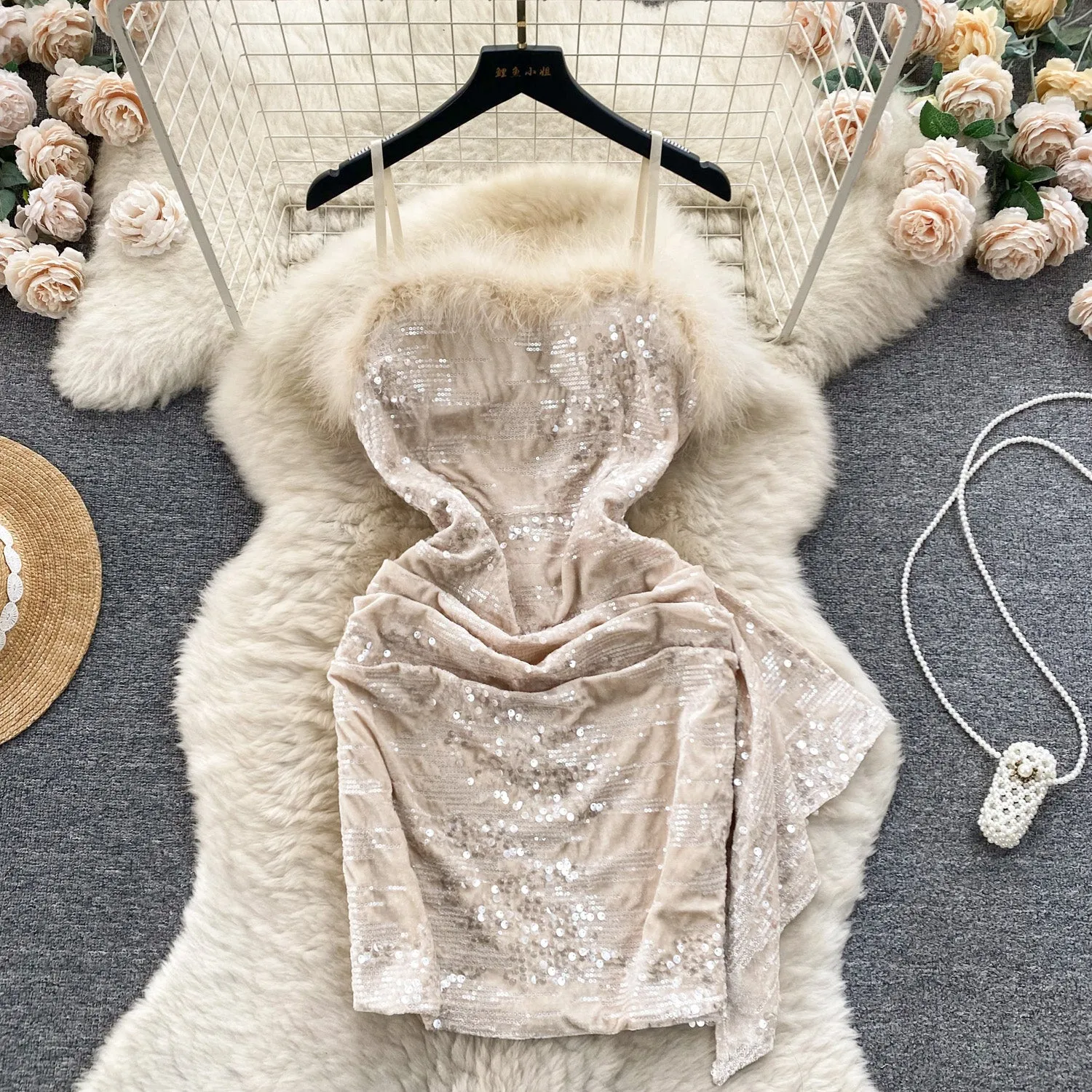 Furry Neckline Sequined Slip Dress