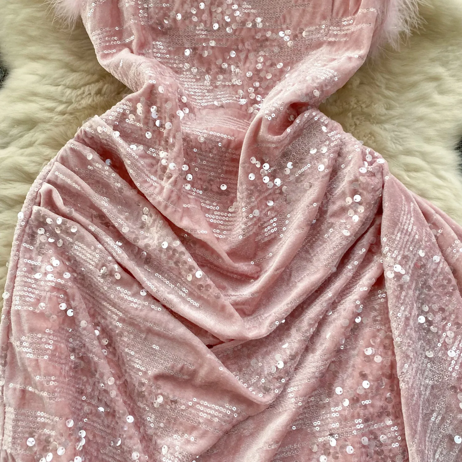 Furry Neckline Sequined Slip Dress