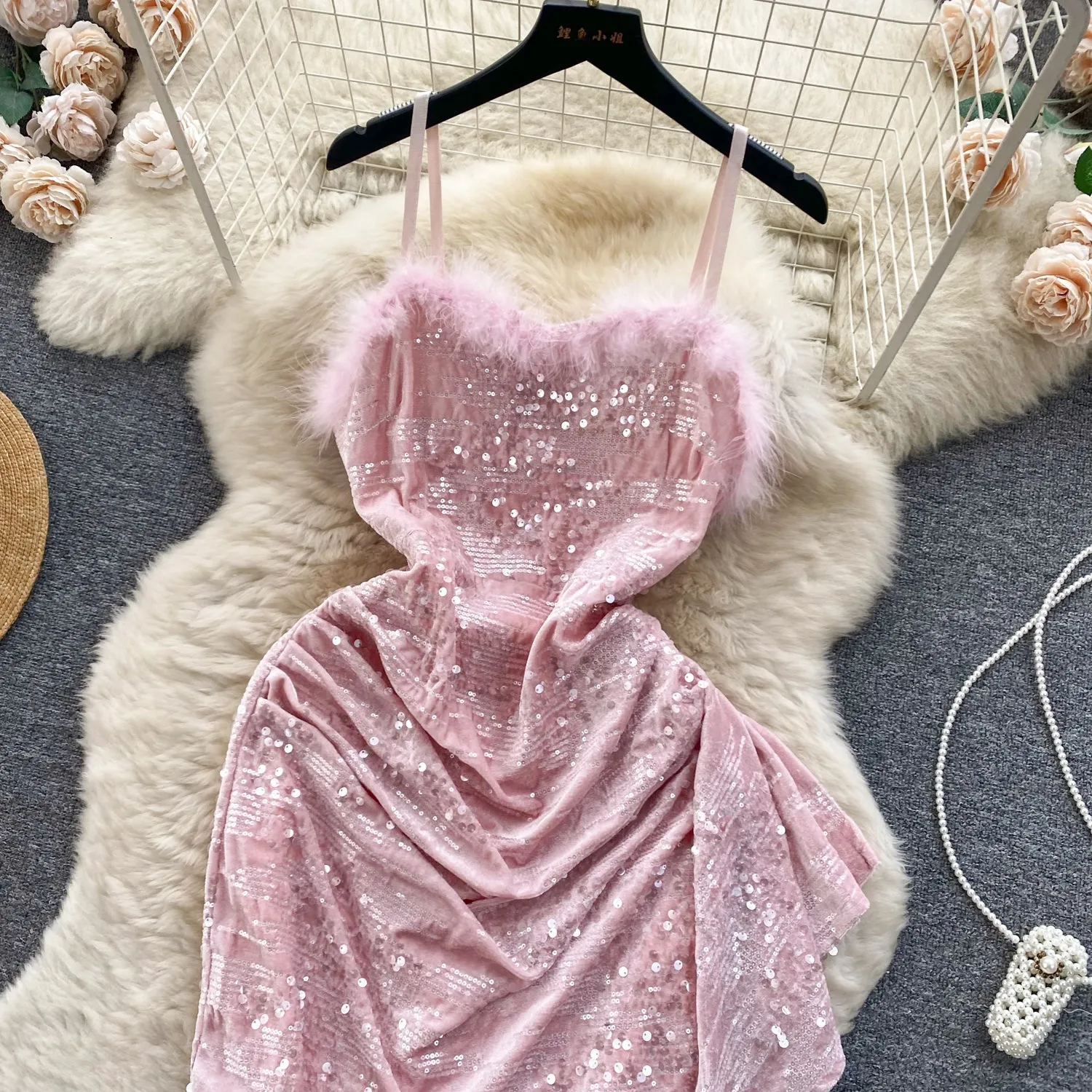 Furry Neckline Sequined Slip Dress