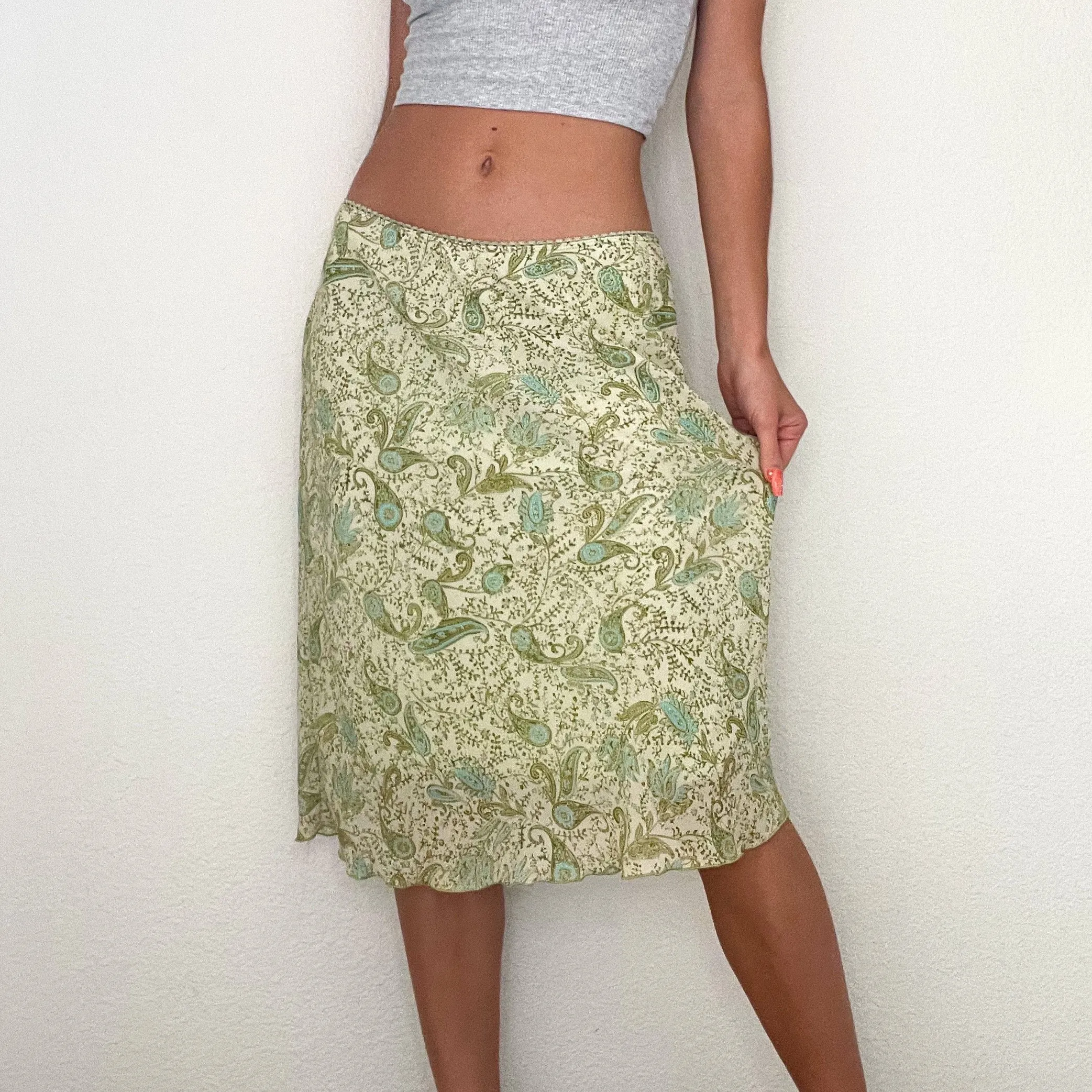 Green Paisley Y2K Midi Skirt