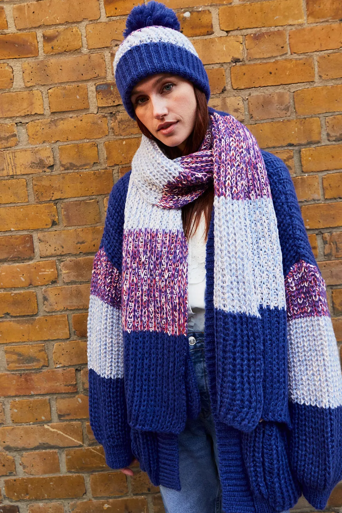 Leia Stripe Oversized Chunky Knitted Scarf In Cobalt