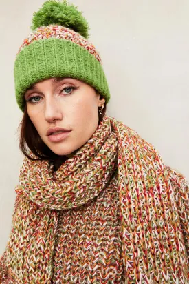 Lolly Twist Beanie Bobble Knitted Hat In Olive Green