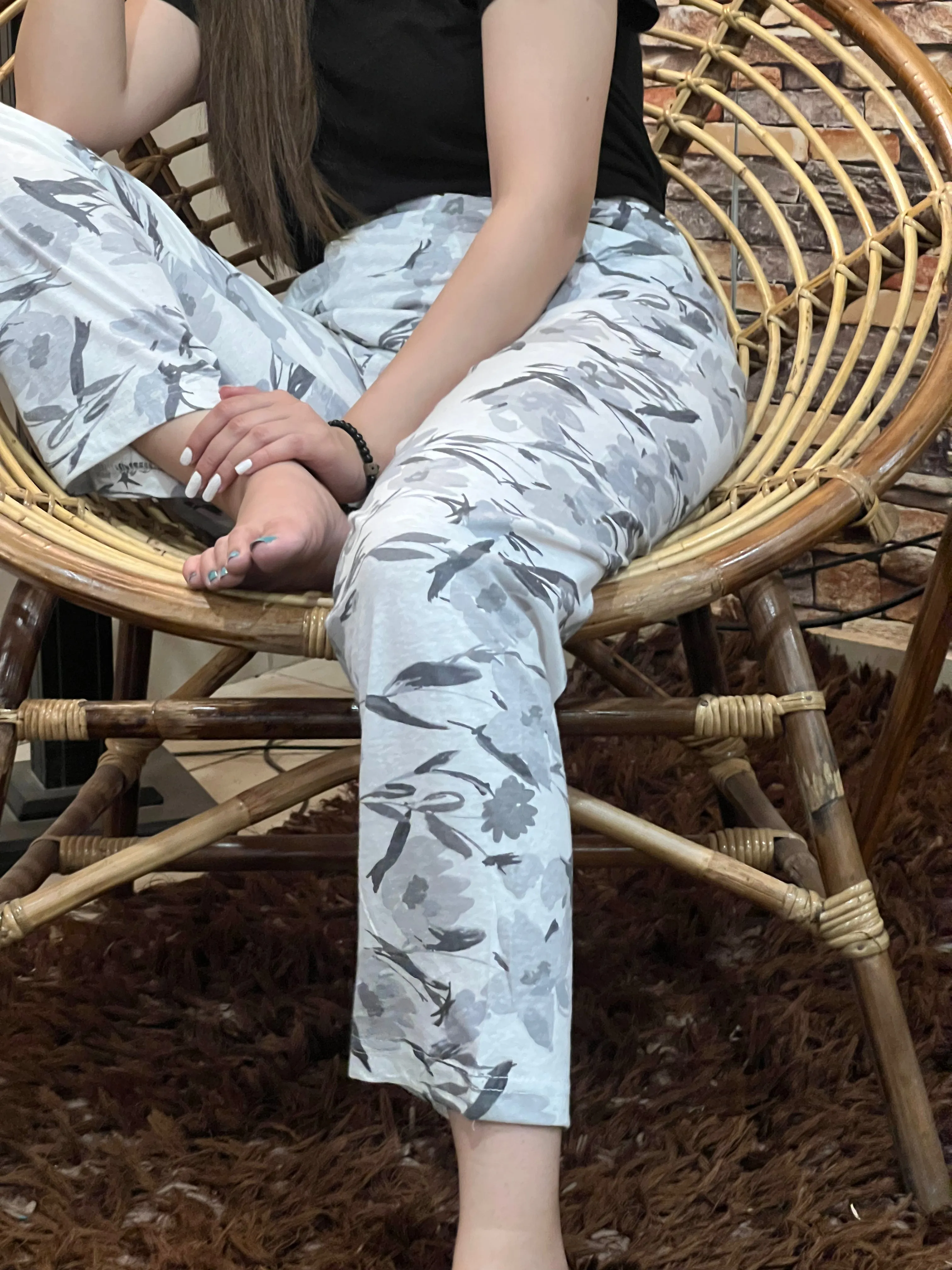 Luxe Cotton Trousers - Grey Flowers