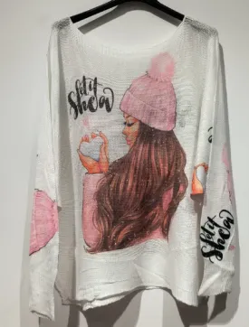 POHAT White Pink Hat Round Knit Printed Sweater LOOWIE