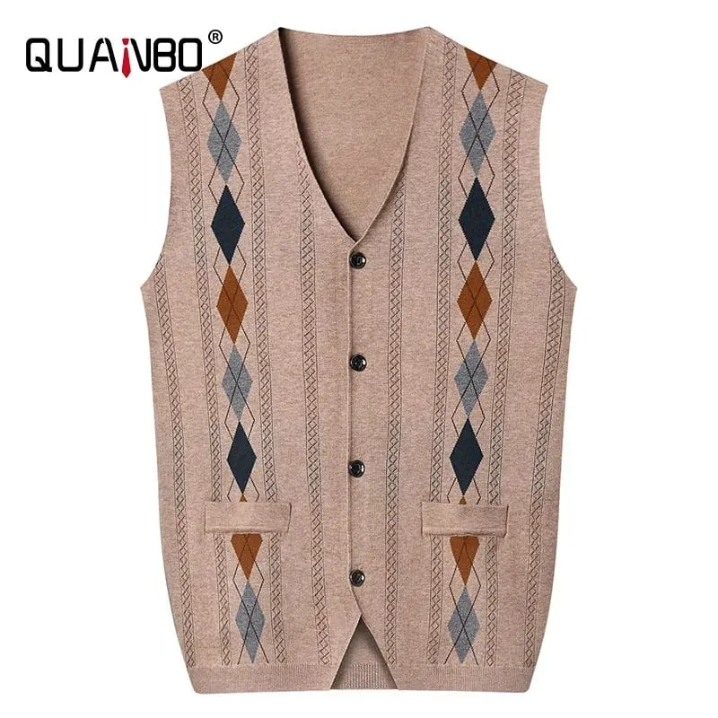 QUANBO Men's Classic Casual Cashmere Wool Blended Vest Sweater Cable Knit V Neck Sleeveless Knitted Button Vest Cardigan M - S4704588