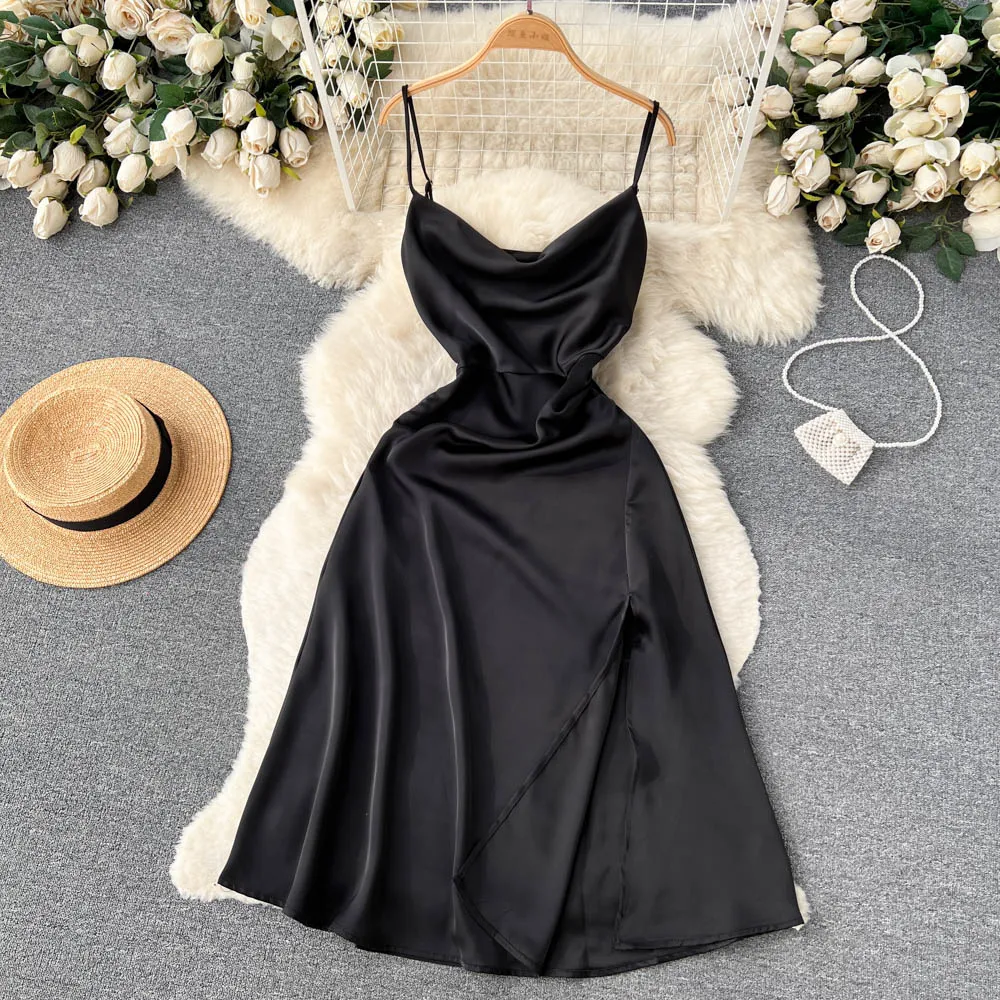 Sleeveless Satin Slit Slip Dress