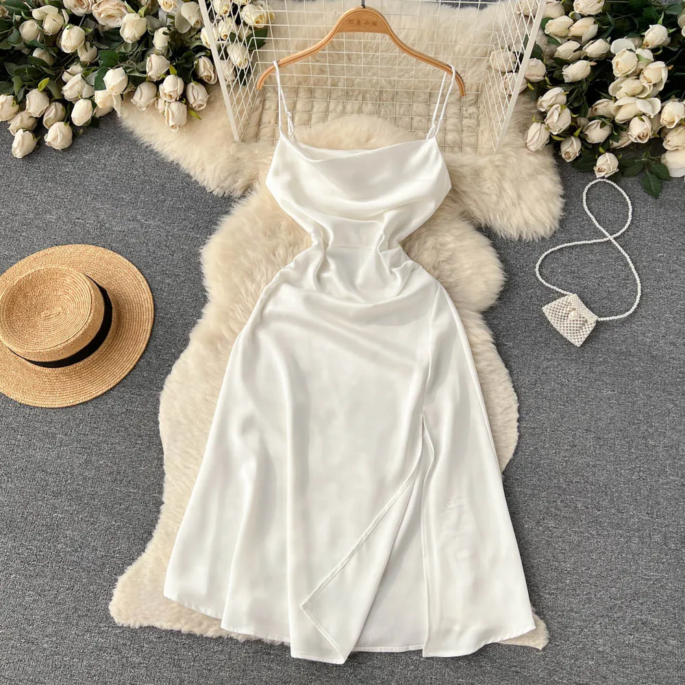 Sleeveless Satin Slit Slip Dress