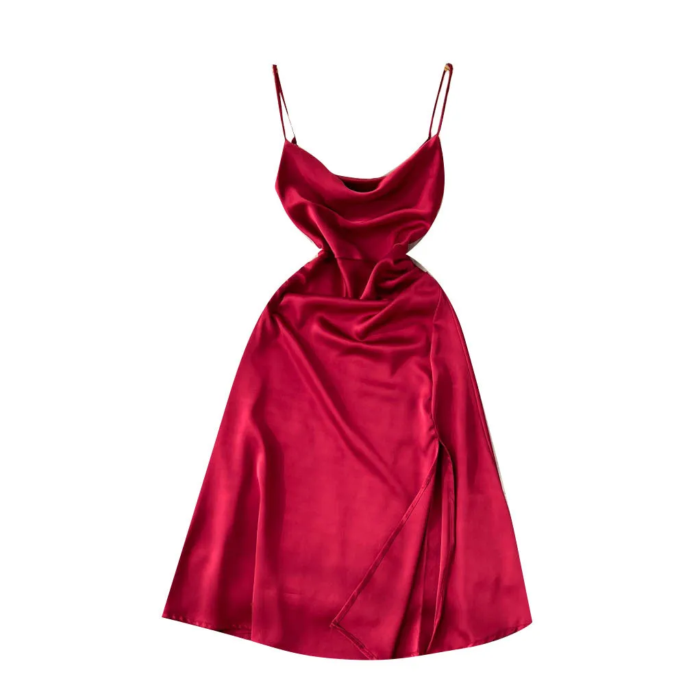 Sleeveless Satin Slit Slip Dress