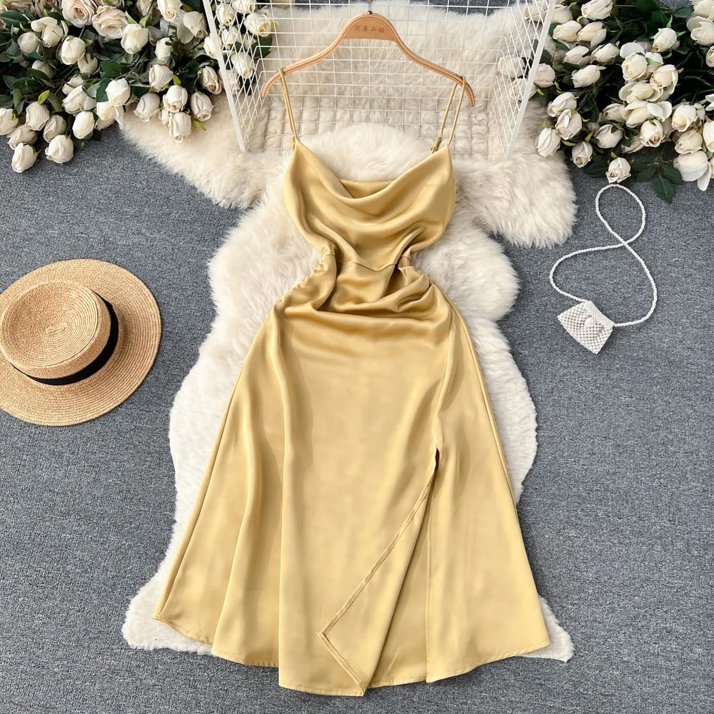 Sleeveless Satin Slit Slip Dress