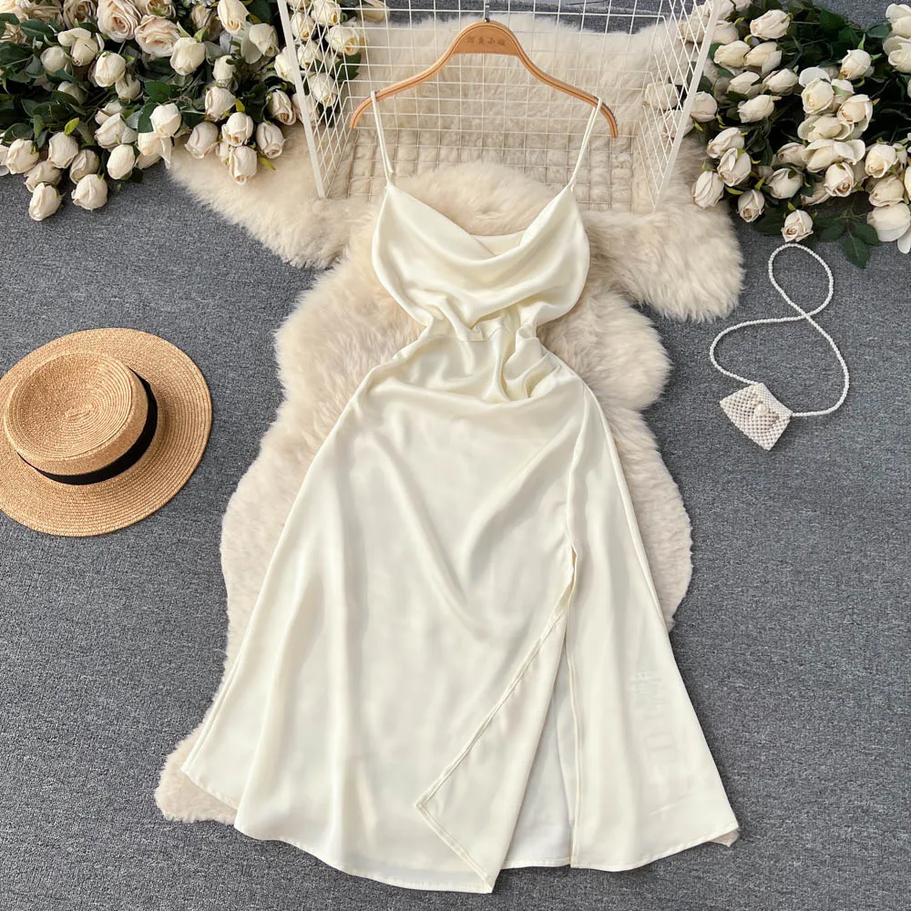 Sleeveless Satin Slit Slip Dress