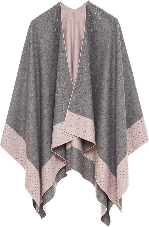 Turquoise-Gray Luxurious Knit Sweater Poncho Cardigan