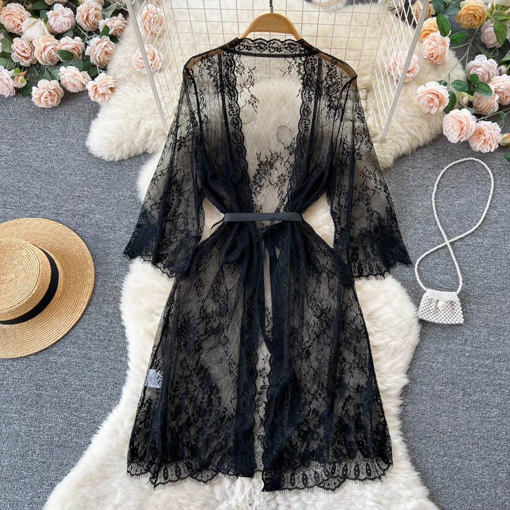 V-neck Black Lace Nightgown Dress