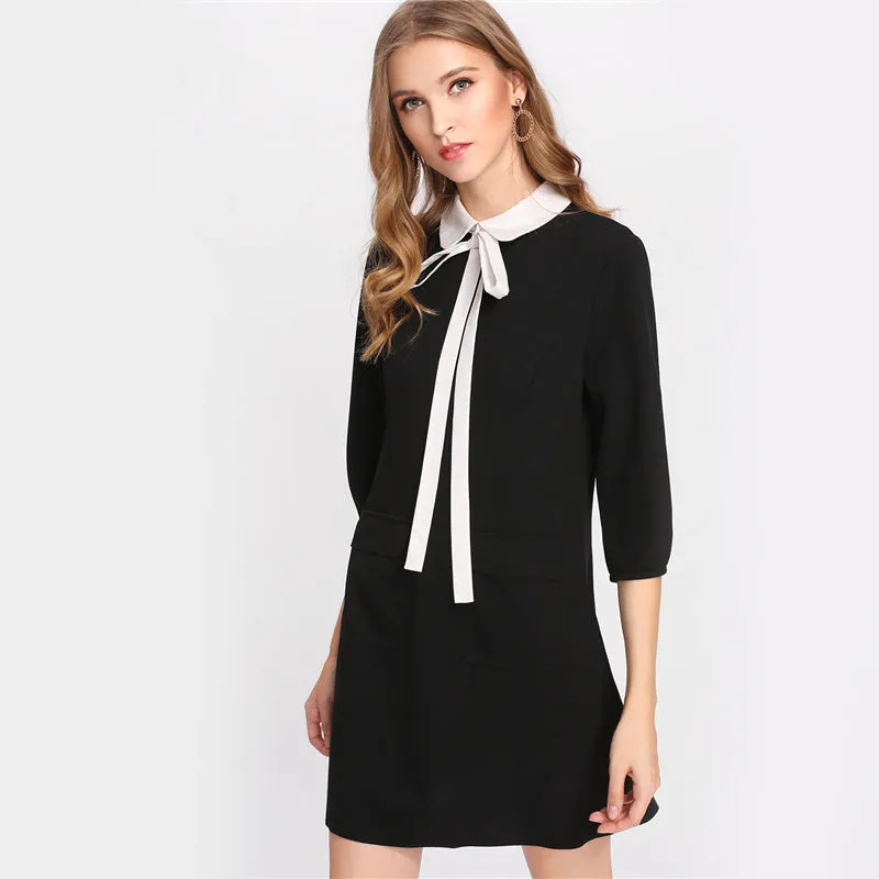 VenusFox Black Tied Collar Pocket Dress