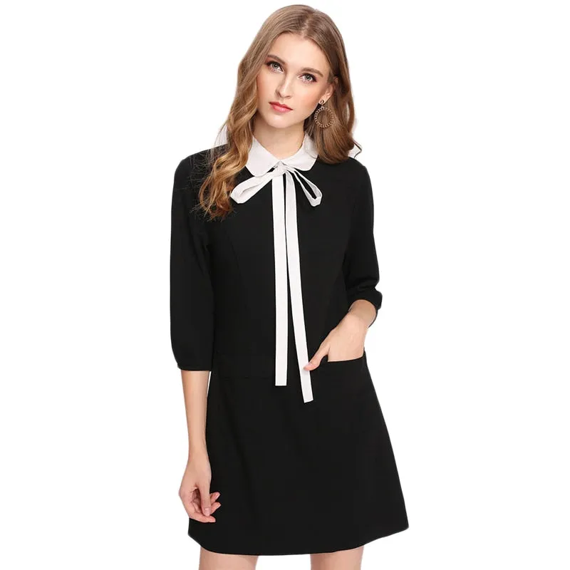 VenusFox Black Tied Collar Pocket Dress