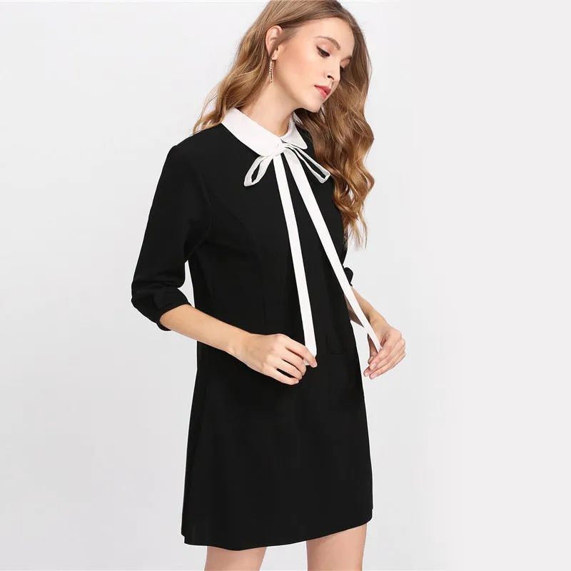 VenusFox Black Tied Collar Pocket Dress