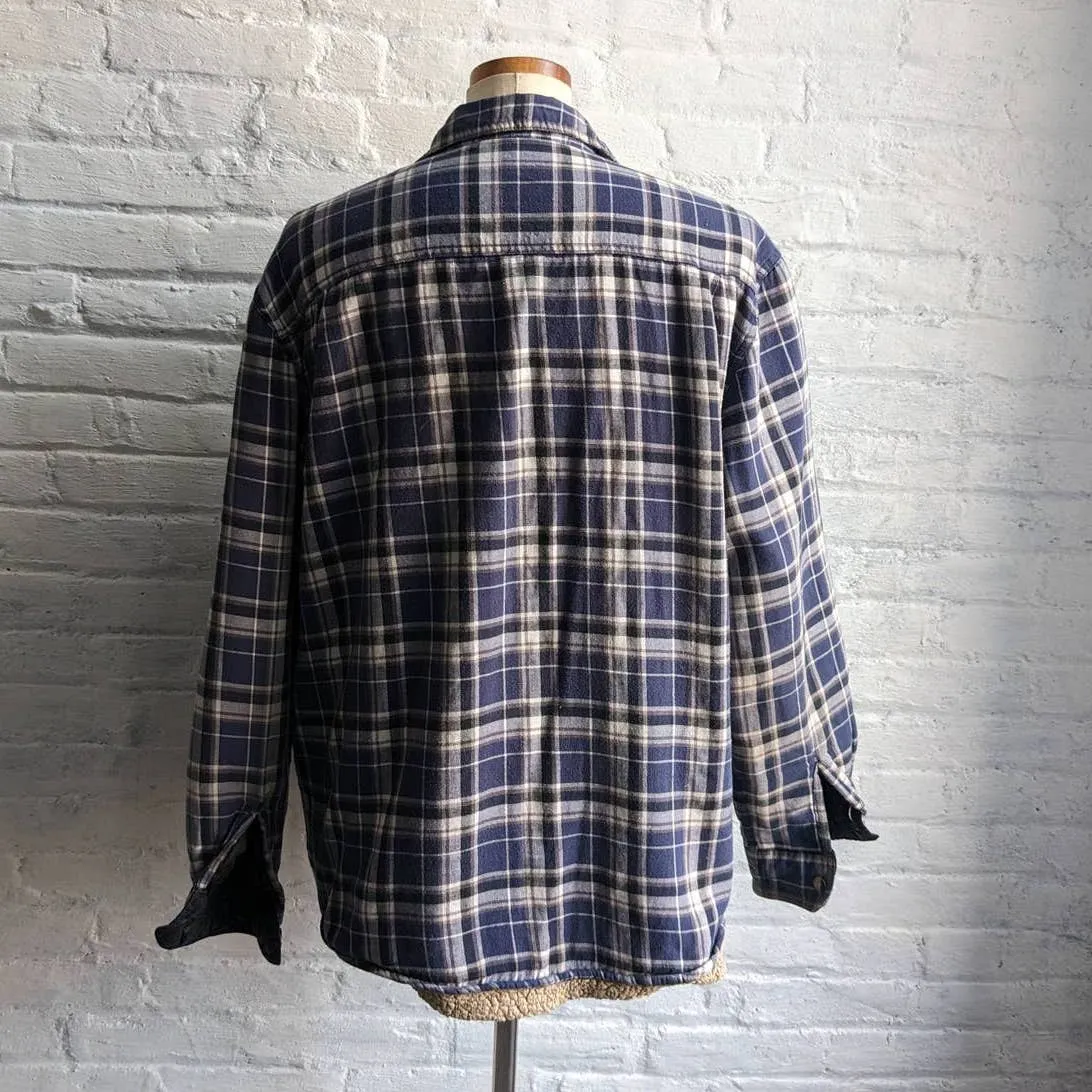 Vintage Wrangler Plaid Flannel Barn Coat Blue Oversize Blanket Chore Shacket