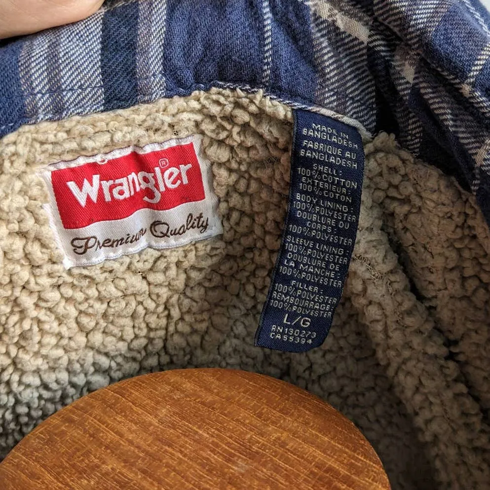 Vintage Wrangler Plaid Flannel Barn Coat Blue Oversize Blanket Chore Shacket