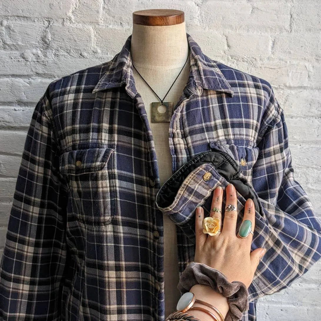 Vintage Wrangler Plaid Flannel Barn Coat Blue Oversize Blanket Chore Shacket