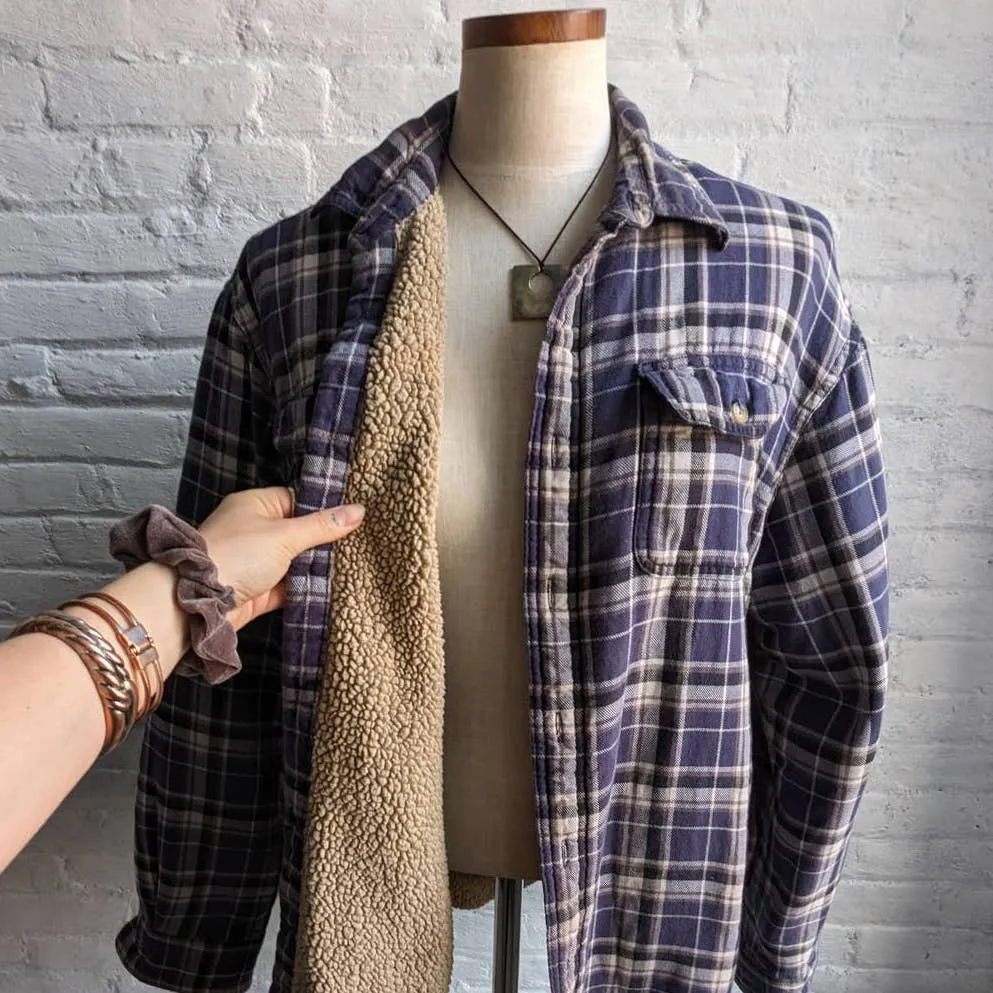 Vintage Wrangler Plaid Flannel Barn Coat Blue Oversize Blanket Chore Shacket