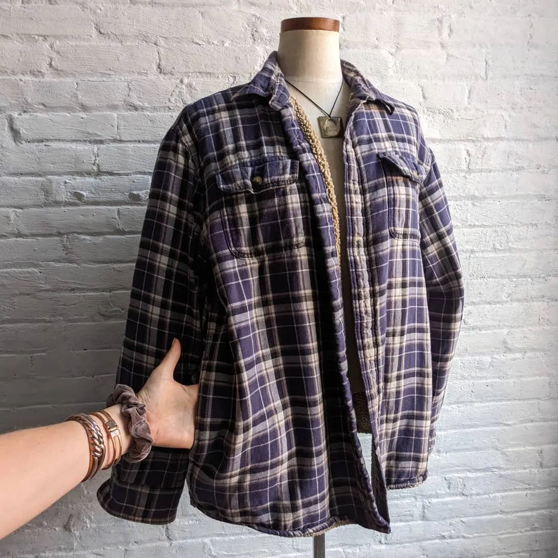 Vintage Wrangler Plaid Flannel Barn Coat Blue Oversize Blanket Chore Shacket