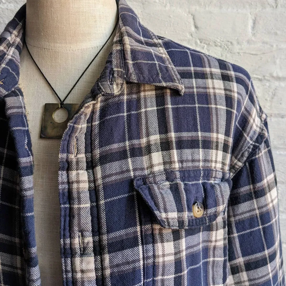 Vintage Wrangler Plaid Flannel Barn Coat Blue Oversize Blanket Chore Shacket