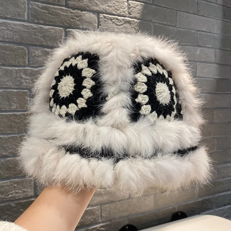Warm Winter Knit Beanie Hats Korean Style Ins Hollow Flower Fisherman Women Autumn and Winter Fur Tiger Head Unisex