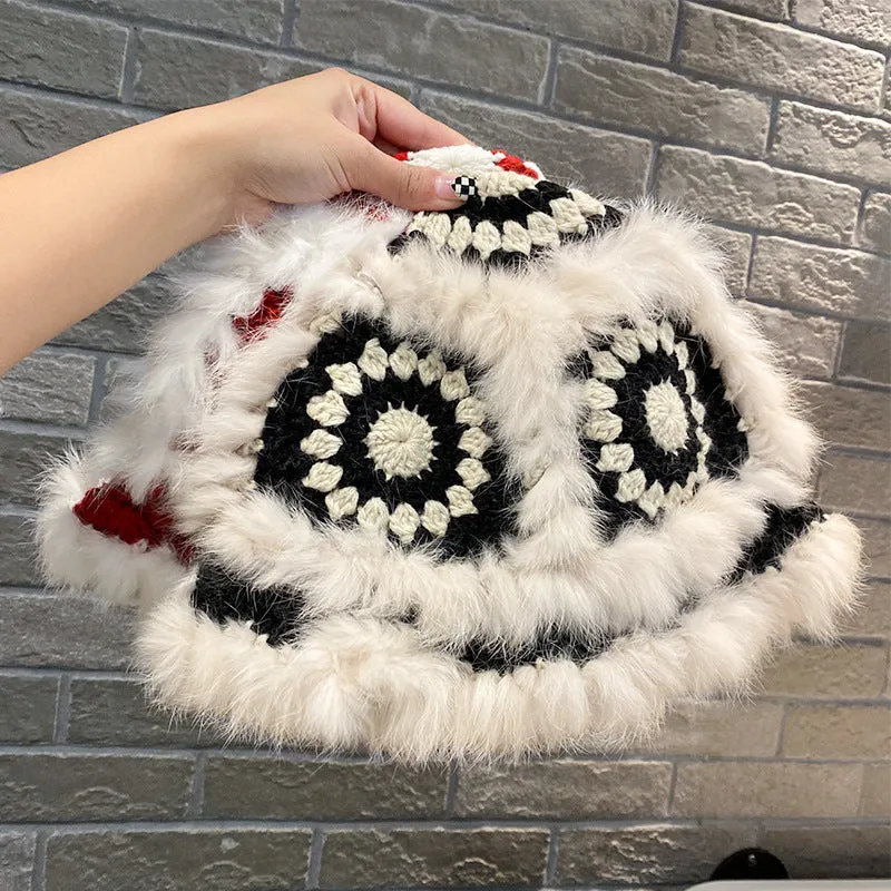 Warm Winter Knit Beanie Hats Korean Style Ins Hollow Flower Fisherman Women Autumn and Winter Fur Tiger Head Unisex