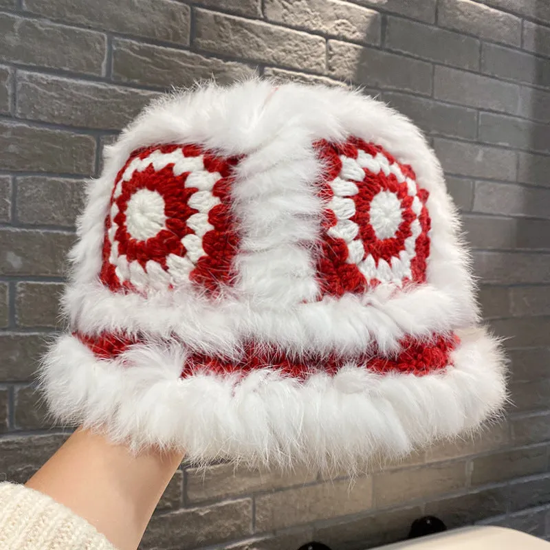 Warm Winter Knit Beanie Hats Korean Style Ins Hollow Flower Fisherman Women Autumn and Winter Fur Tiger Head Unisex