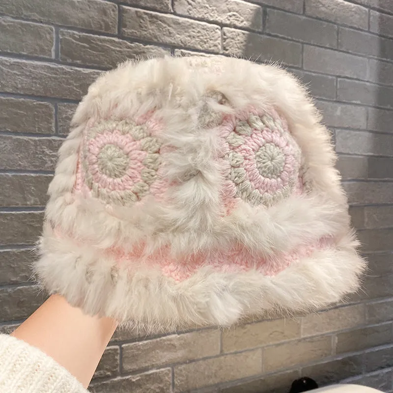 Warm Winter Knit Beanie Hats Korean Style Ins Hollow Flower Fisherman Women Autumn and Winter Fur Tiger Head Unisex