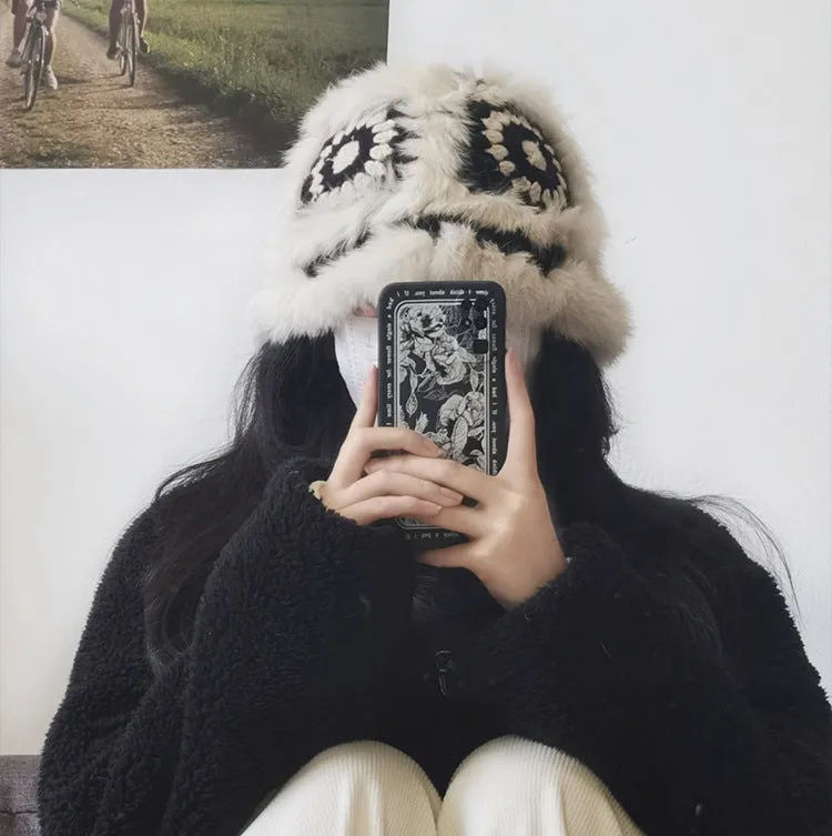 Warm Winter Knit Beanie Hats Korean Style Ins Hollow Flower Fisherman Women Autumn and Winter Fur Tiger Head Unisex